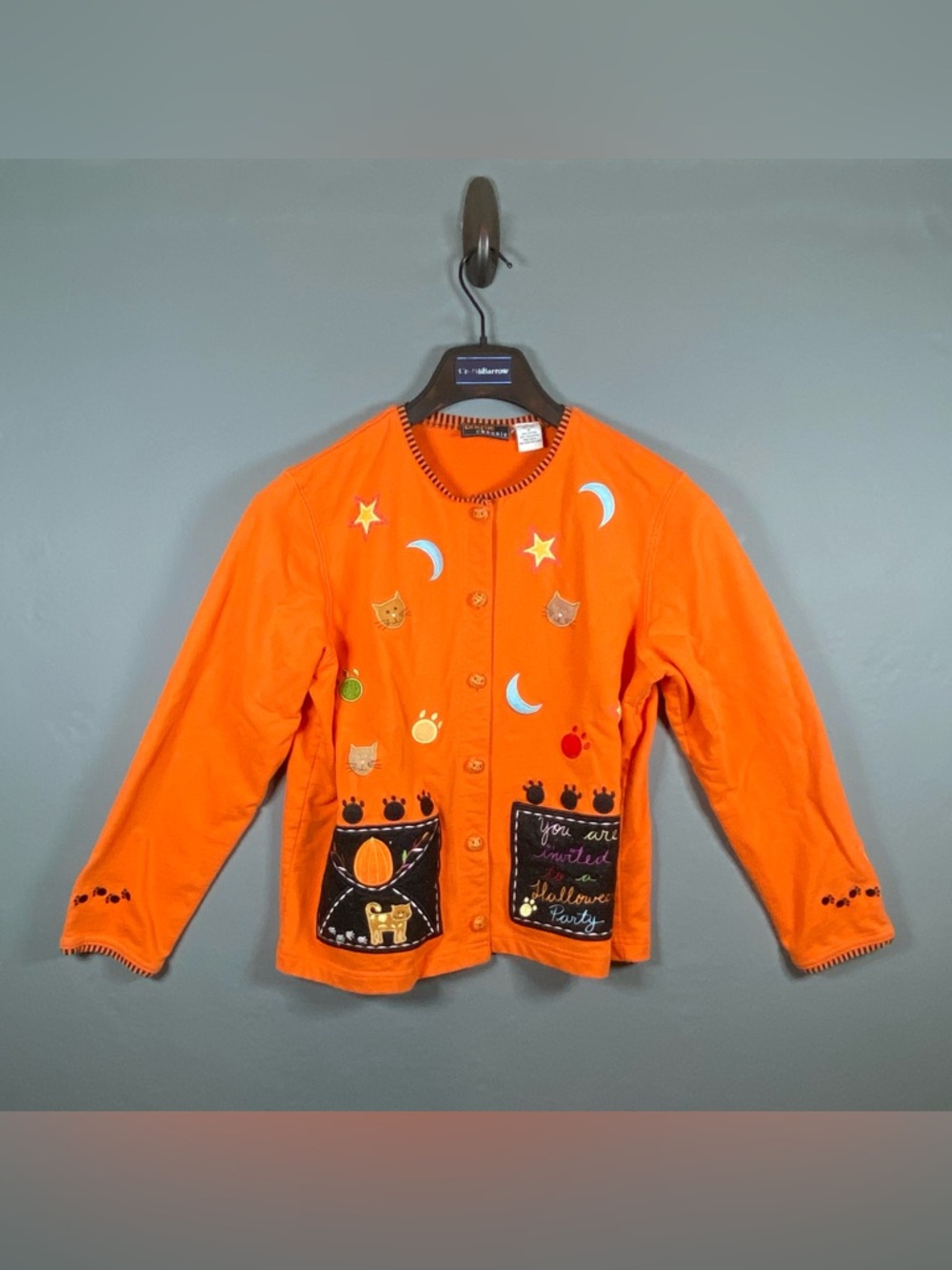 Onque Casuals Halloween Cardigan M Orange Embroidered Cat Pumpkin Moon Vintage